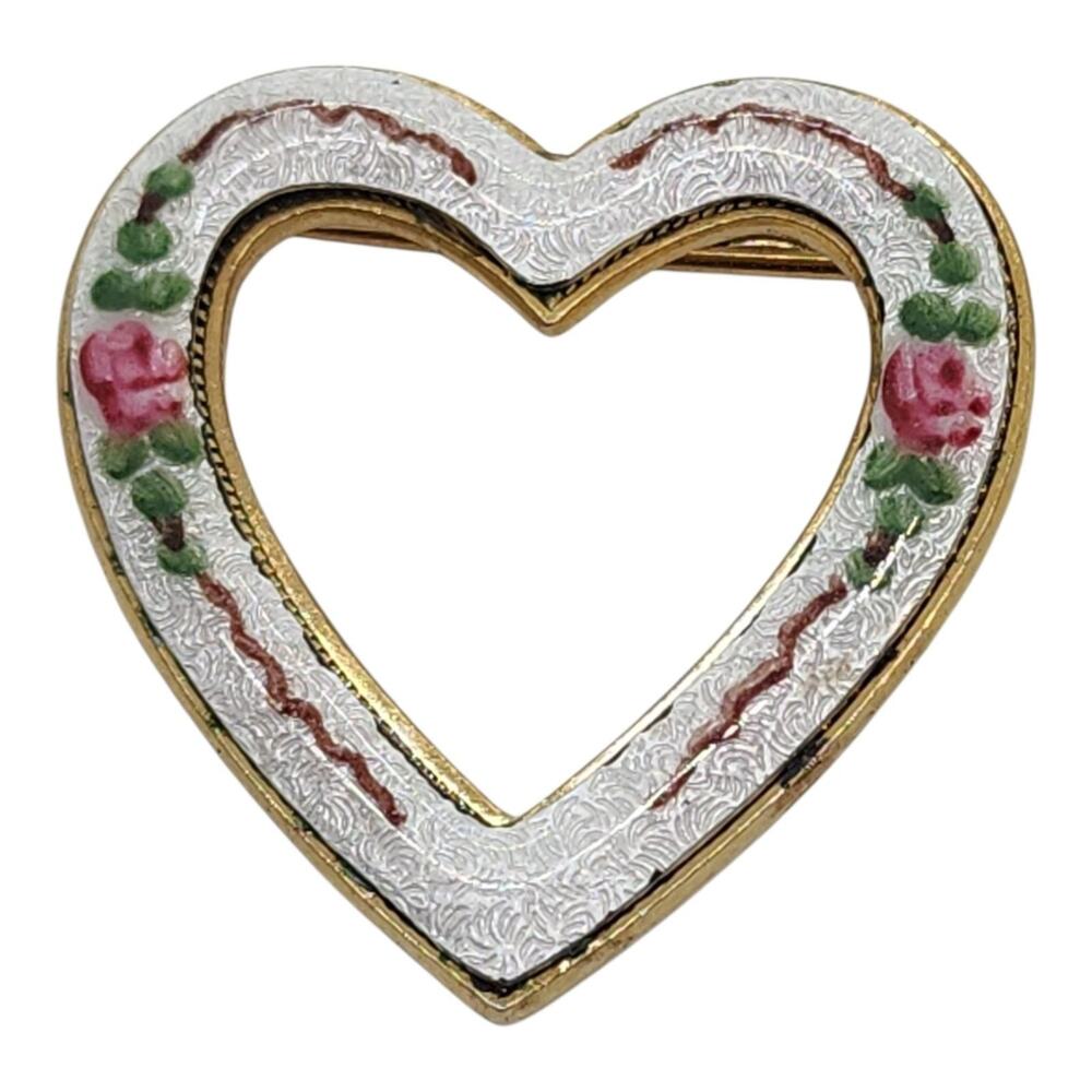 Vintage Heart Floral Enamel Brooch White Pink Rose Gold Tone Guilloche Style Pin